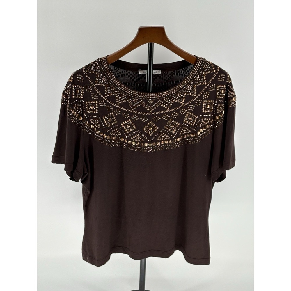 St. John Brown Studded Embellished Short Sleeve Top Pullover XL